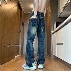 B221美式ins高街暗黑小众个性宽松直筒牛仔裤LK23140-P65控88，男装牛仔裤，电商B221