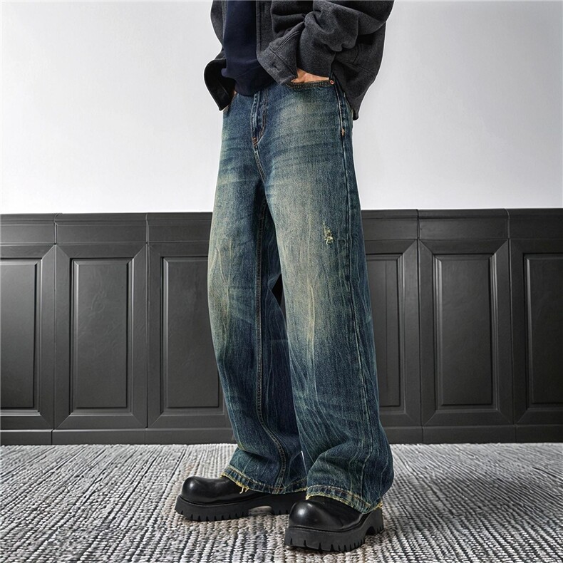 NK2827-P55重磅水洗做旧蓝色牛仔裤男刮烂宽松美式直筒阔腿长裤，男装牛仔裤，电商A306-2