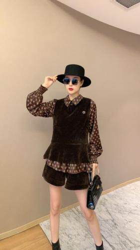 春季新款，D字仿真丝衬衣三件套裤，女装，东洋天堂之花