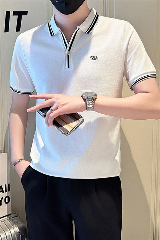 店主风社会小伙男士V领刺绣款POLO衫男休闲T恤301A-1/PL108/P55,男装T恤,星座301A-1