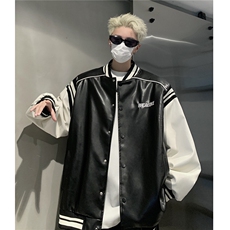 港风美式复古拼接罗纹pu棒球服情侣皮衣夹克外套男女G1094P108，男装夹克，电商A339
