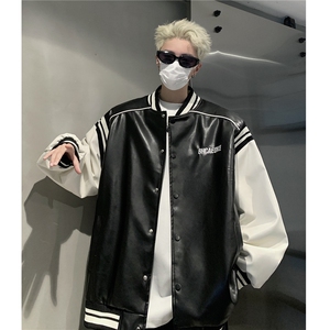 港风 美式复古拼接罗纹pu棒球服情侣皮衣夹克外套男女 G1094 P108图片