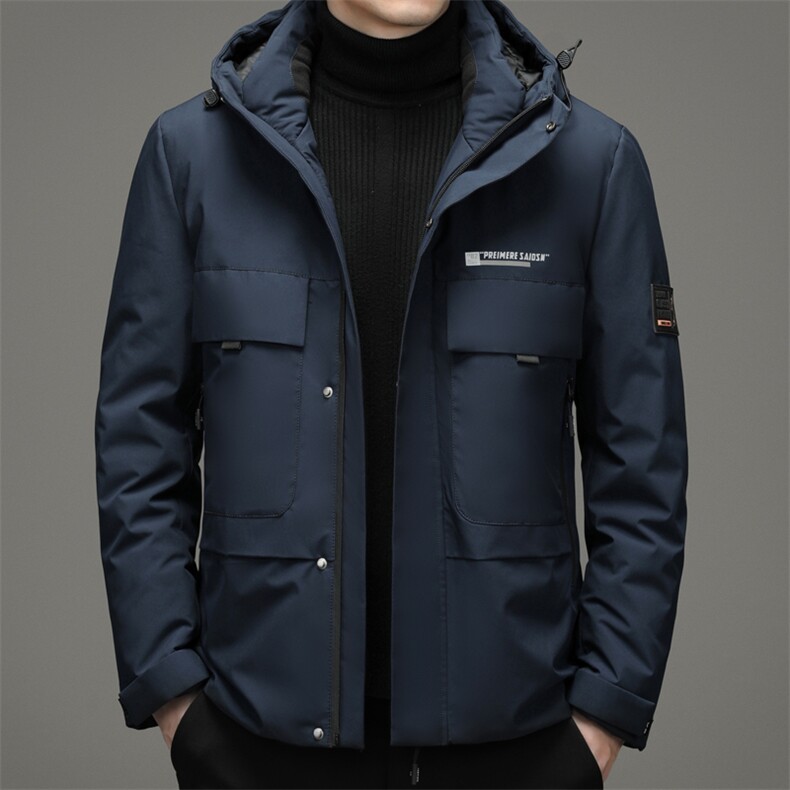 中青年男士90%羽绒商务休闲拉链羽绒服夹克宽松连帽款HB9615-P210，男装羽绒服，电商B212（原钱塘6029）