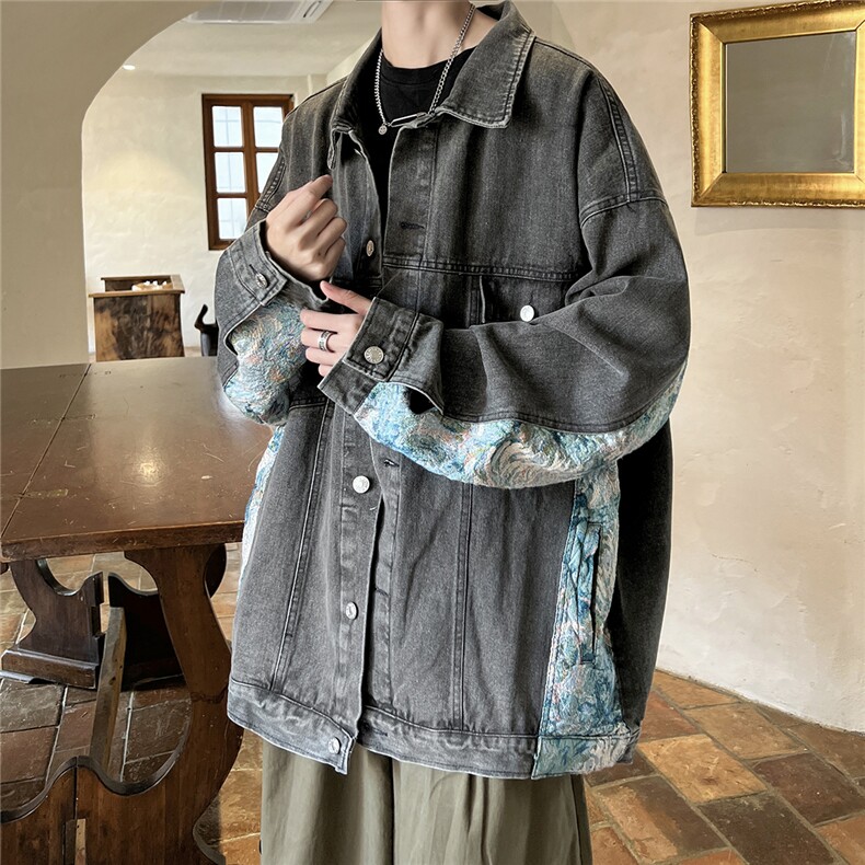 刺绣拼接牛仔夹克男外套男大码潮港风外套男NZ77065P95控128,男装夹克,星座227-7