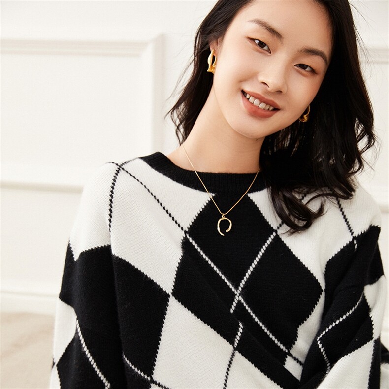 时尚女士加厚羊绒衫经典菱格图案舒适保暖适合秋季穿着,女装羊绒衫,杭跃羊绒