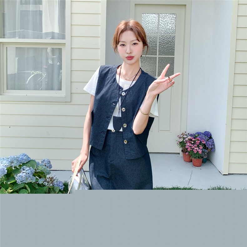 休闲牛仔马甲半身裙套装女夏三件套洋气减龄显瘦遮肉韩系穿搭爆款,女装套装/套裙,慧尚依恋