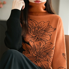 2025年秋季时尚百搭通勤简约休闲拼色提花堆堆领针织衫，女装针织衫/毛衣，郡淞羊绒