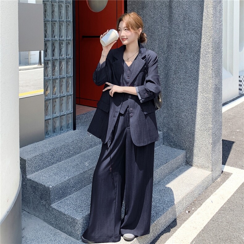 藏青色气质西装马甲阔腿裤套装女春秋高级感巨好看大方得体三件套,女装套装/套裙,慧尚依恋