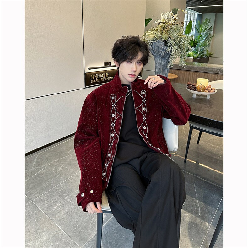 现货25金丝绒重工刺绣钉珠宫廷闪片拉链短款夹克外套JK107-P158,男装夹克,电商B288