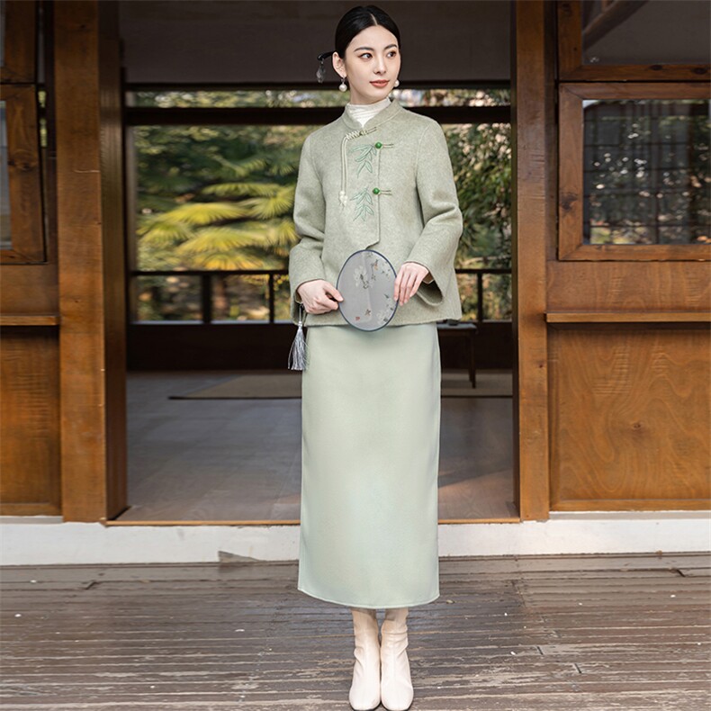 中国风双面羊毛套装女2024春秋新款中式改良旗袍高腰茶服两件套裙,女装套装/套裙,芷墨服饰