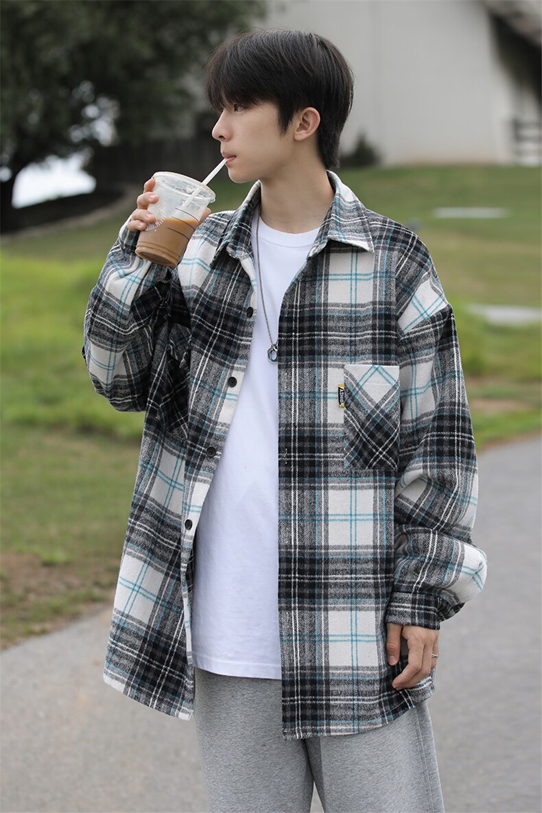 抖音好品格子衬衫男港风长袖衬衣宽松DX502P65控99,男装衬衫,电商B413-1