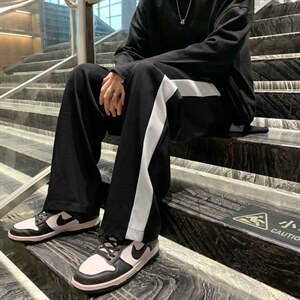条纹运动裤情侣宽松直筒阔腿裤潮高街休闲裤韩版潮流裤子E21-p30图片