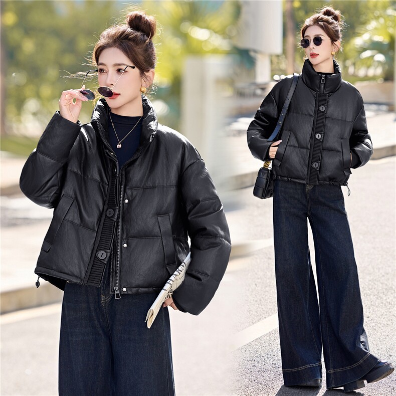 高级感羽绒服女2025冬季新款高端时尚百搭翻领PU皮保暖短款外套J图片