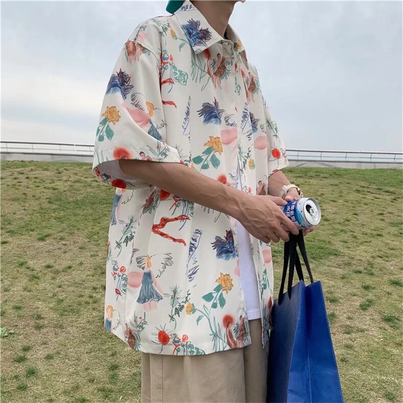ins港风冰丝花衬衫男短袖宽松夏季沙滩夏威夷帅花衬衣潮W2601-P33,男装衬衫,星座412-3