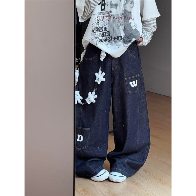 美式复古原色口袋字母弯刀牛仔裤宽松休闲垂感阔腿裤XH8048，男装牛仔裤，星座208-5