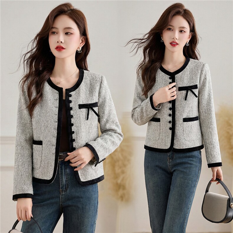 小香风拼接外套女2026春秋季新款减龄气质百搭圆领西装上衣，女装短外套，伊航服饰