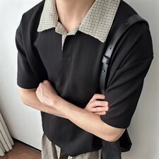 千鸟格拼接polo衫短袖男夏季老钱风复古正肩T恤cleanfit重磅半袖，男装T恤，星座715-4