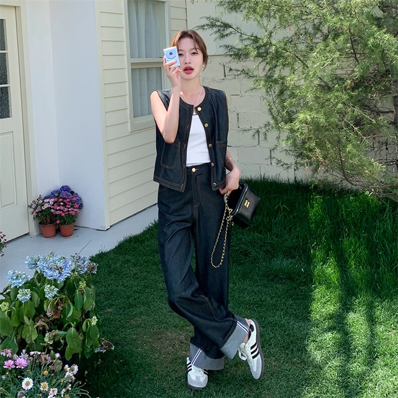港风复古牛仔马甲套装女2025夏季时尚设计感阔腿裤淡人穿搭两件套,女装套装/套裙,2C285
