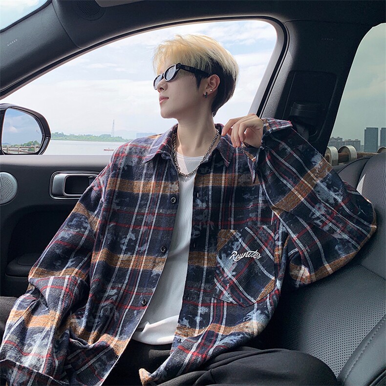 衬衫男秋季新款港风宽松大码格子扎染刺绣长袖衬衣CS3016-P38，男装衬衫，星座214-3