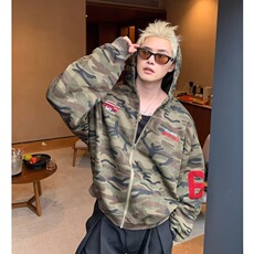 美式复古迷彩开衫连帽卫衣外套男女加绒潮牌刺绣百搭宽松休闲帽衫，女装短外套，星座506A