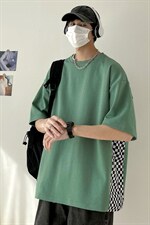 新款港风短袖T恤字母印华棋盘格拼接宽松ns潮牌上衣TC3109-P28，男装T恤，星座717