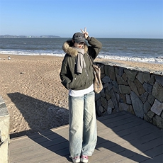 现货重磅boxy短款棉衣座山雕大毛毛领男女棉服水洗工装厚外套，男装棉衣，电商A486