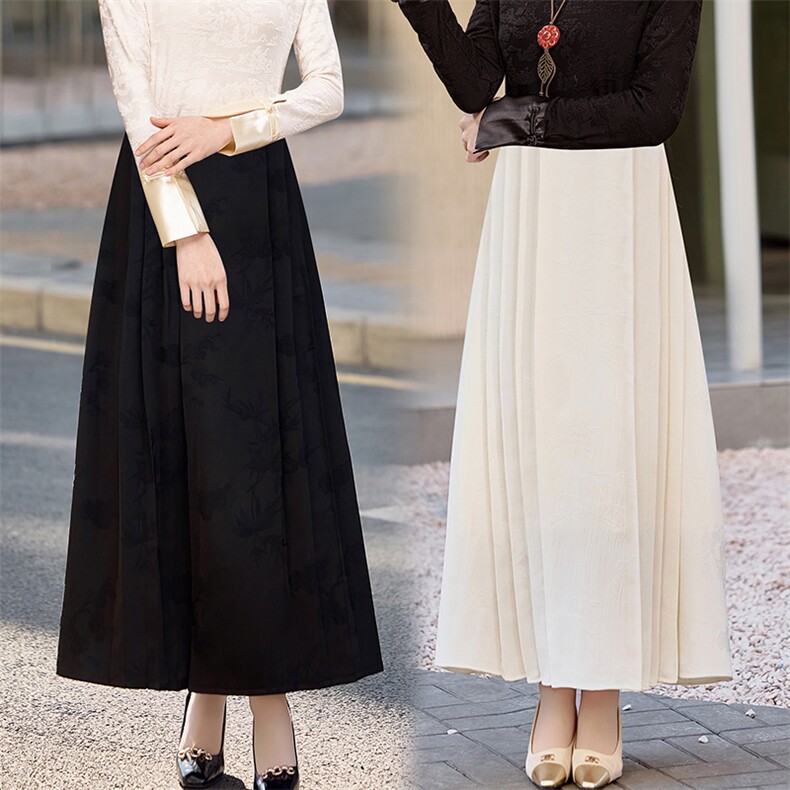 芷墨春秋新款复古拼接新中式纯色半身裙重工纹理百搭通勤长裙女，女装半身裙，芷墨服饰