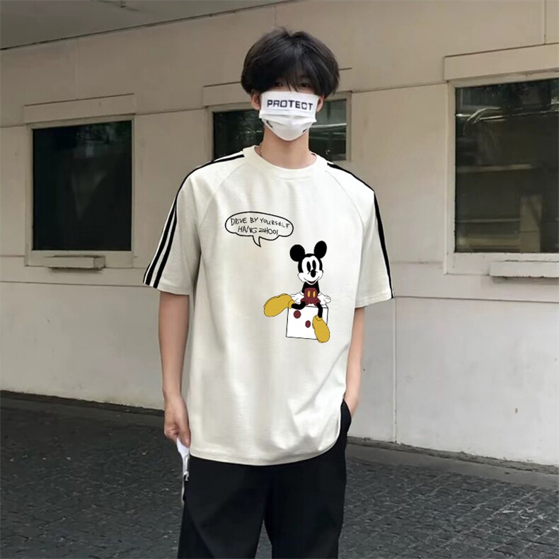 抖音得物高品质二开240克宽松纯棉美式潮牌三条杠织带短袖T恤,男装T恤,电商A486
