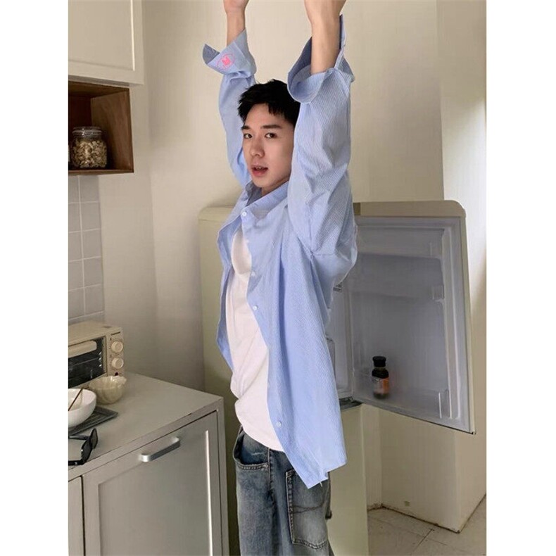 美式条纹印花长袖衬衫男女情侣秋季宽松慵懒风外套C369,男装衬衫,星座1116A（原606A-3）
