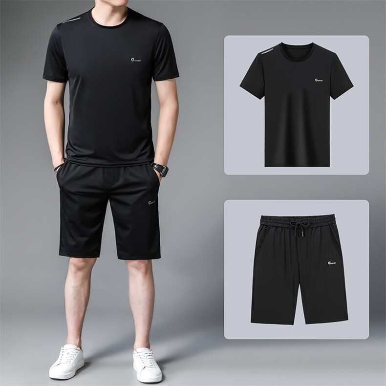男装2023夏季冰丝三件套男士T恤长裤休闲商务中年夏装短袖运动套,男装休闲套装,电商B212（原钱塘6029）