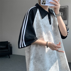 现货DX10117-特批40 控78翻领撞色拼接美式插肩袖织带设计POLO衫图片