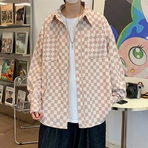 港风复古格子衬衫男秋季潮流休闲长袖双口袋衬衣外套 W5241-P36图片