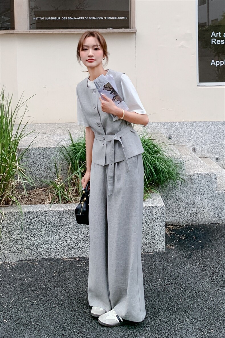 休闲气质浅灰色马甲阔腿裤套装女2025夏季新款又酷又飒显瘦两件套,女装套装/套裙,浙宝069