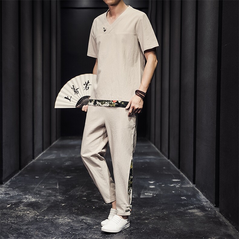 2026夏季风棉麻亚麻短袖T恤唐装大码男士盘扣套装H518-P50，男装休闲套装，星座1105-3