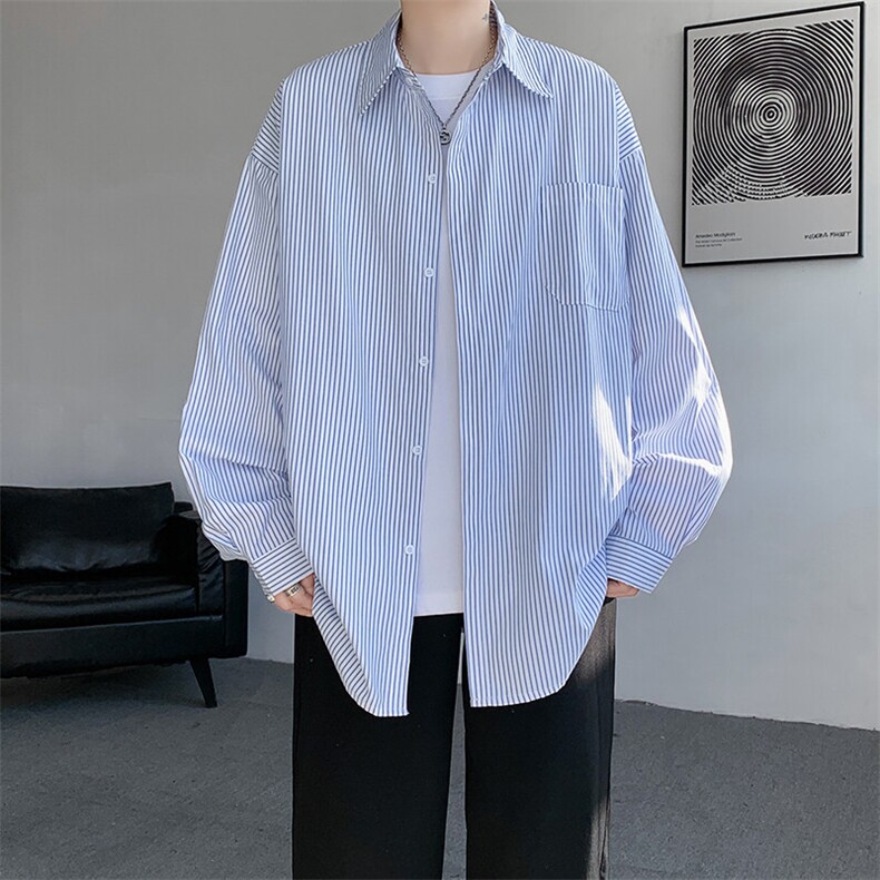 春夏条纹衬衫男长袖薄款痞帅高级感宽松慵懒风大码衬衣CS29003P45图片