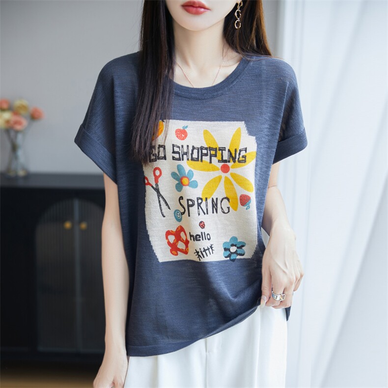 竹节麻针织短袖T恤女2025新款夏季时尚宽松小熊体恤薄款打底上衣,针织衫/毛衣,大美人高端店
