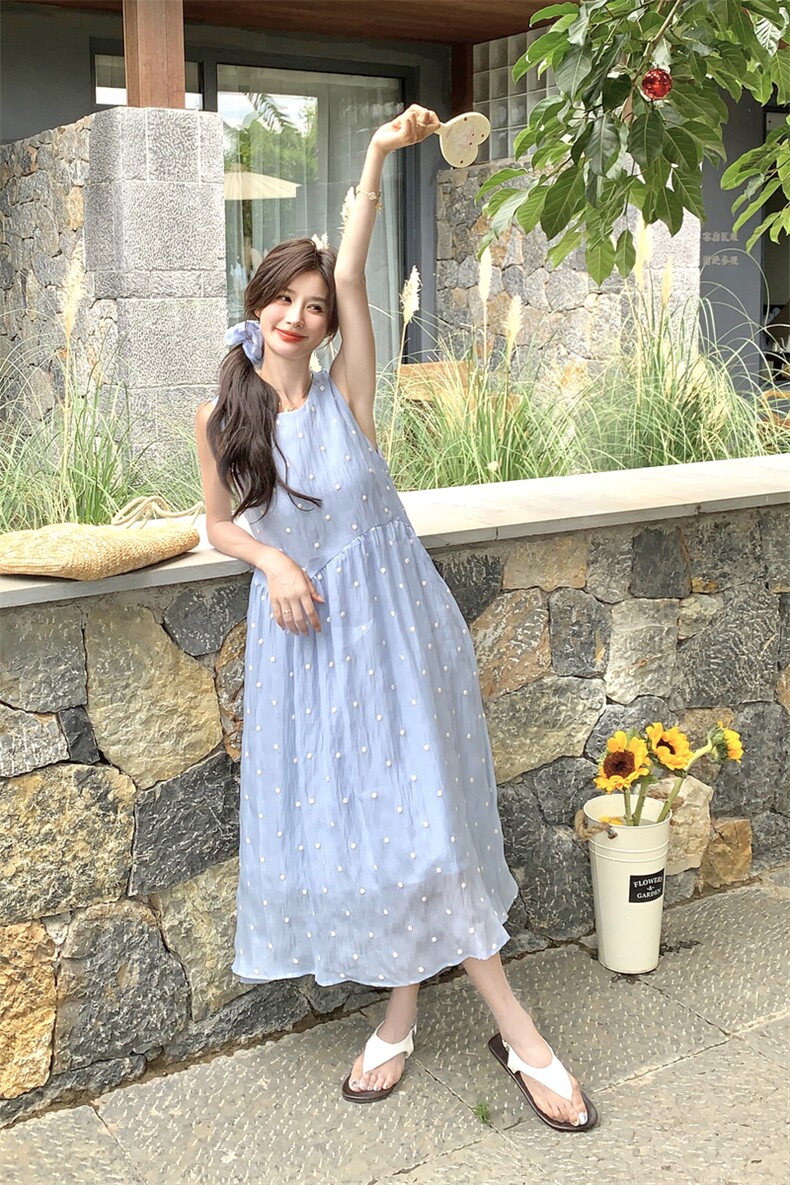现货刺绣波点连衣裙配头绳2582P145K218,女装连衣裙,2C201