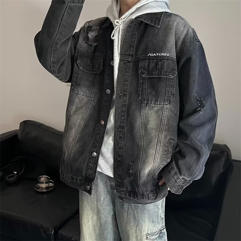 水洗做旧破洞牛仔外套男士春秋美式ins潮牌宽松高街夹克WD10-P59,男装夹克,星座1008