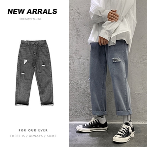 高点击率直筒裤破洞牛仔裤学院风男女休闲裤显瘦裤子潮图片