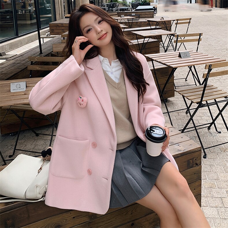 粉色毛呢西装外套春秋女2025新款韩系甜气小个子双面呢小西服,女装西装,天使之佳话