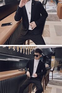 春款社会风小伙休闲商务条纹修身西服西装两件套装D969-P165控205图片