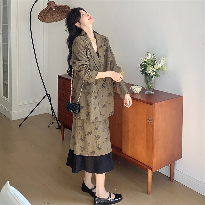 新中式国风碎花西装外套连衣裙套装裙女春季超火流行御姐风两件套,女装套装/套裙,2D041