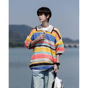 8XL-M 特大码美式复古条纹撞色针织POLO衫翻领休闲短袖TDX311P35图片