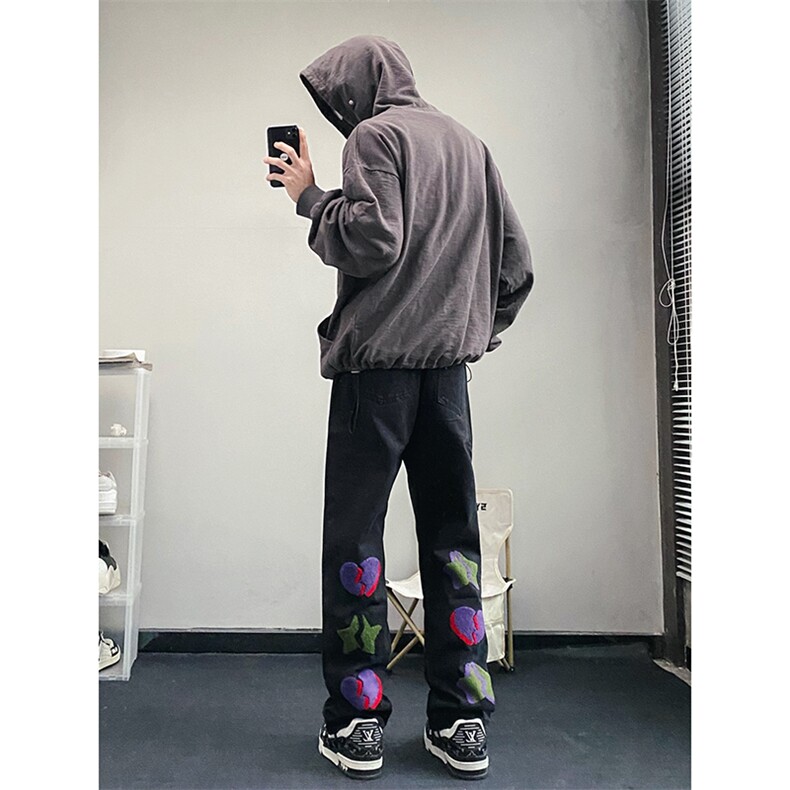 B221 美式ins高街暗黑小众情侣毛巾绣直筒牛仔裤 LK23021-P65控88图片