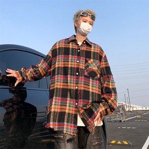 美式潮牌复古毛边衬衫男休闲日系百搭情侣款小众长袖衬衣图片