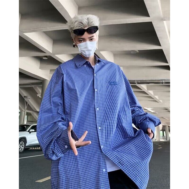 青少年刺绣格子慵懒长袖衬衫男女高级感百搭宽松衬衣外套C153,男装衬衫,星座1116A-1（原606A）