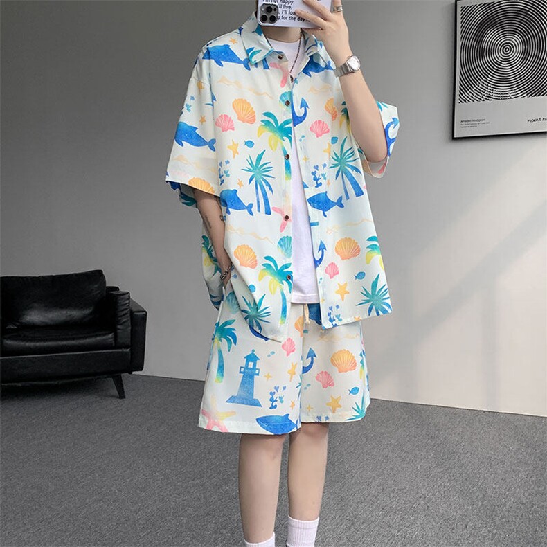 TZ1149-特48控88多色海滩冰丝凉感大码套装衬衫速干运动两件套,男装休闲套装,电商A059