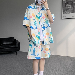 TZ1149-特48 控88 多色海滩冰丝凉感大码套装衬衫速干运动两件套图片