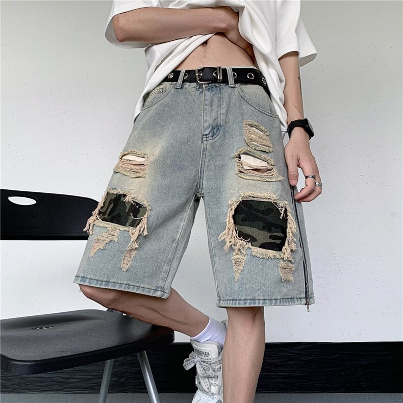 破洞牛仔短裤男夏季薄款外穿潮牌拉链五分裤P42，男装牛仔裤，星座1116-2