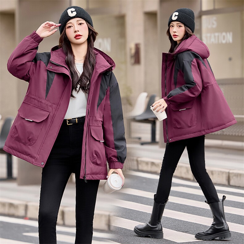 撞色拼接工装派克羽绒服女2024冬新款时尚休闲保暖加厚白鸭绒外套,女装羽绒服,采品优优